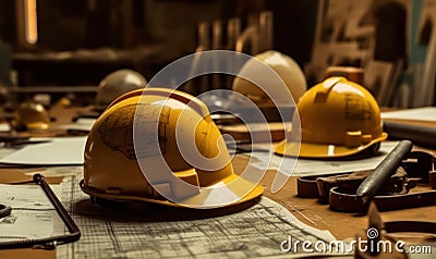 Construction helmets and blueprints on the table Stock Photo