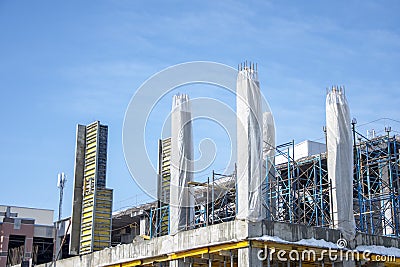 Construction of high-rise buildings, concrete formwork, rebar frame. Stock Photo