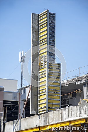 Construction of high-rise buildings, concrete formwork, rebar frame. Stock Photo