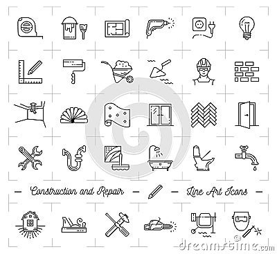 Construction icons Repair house Home renovation. Building and household tools. Repair thin line art icons Vector Illustration