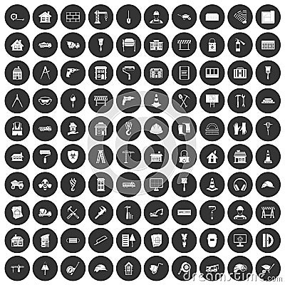 100 construction icons set black circle Vector Illustration