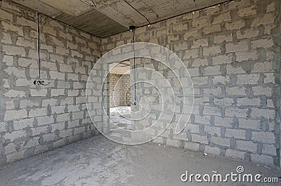 Construction of an individual residential building, view of the corner of a room with a doorway Stock Photo