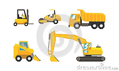 Construction and Industrial Vehicles Set, Excavator, Forklift, Truck, Tractor Cartoon Vector Illustration Vector Illustration