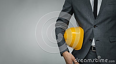 Construction industry business - businessman holding yellow hard hat underarm on gray background Stock Photo