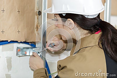 Construction inspector examine styrofoam insulation house Stock Photo