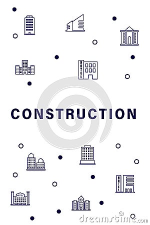 Construction integrated thin line symbols. Modern linear style vector concept, with connected flat design icon. Abstract Cartoon Illustration