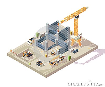 Construction isometric. Outdoor building high appartment construction workers vehicles yellow cars crane transporter Vector Illustration