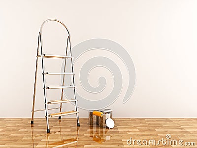 Construction ladder in empty room. Stepladder 3D Stock Photo