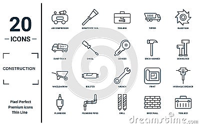 construction linear icon set. includes thin line air compressor, dump truck, wheelbarrow, plumb bob, tool box, grinder, hydraulic Vector Illustration