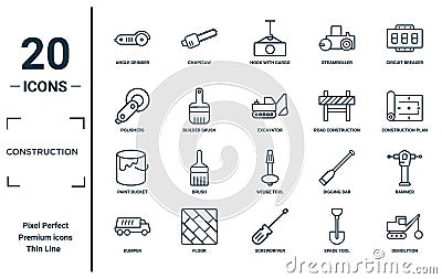 construction linear icon set. includes thin line angle grinder, polishers, paint bucket, dumper, demolition, excavator, rammer Vector Illustration