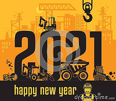 Construction machinery, Happy New Year card Vector Illustration