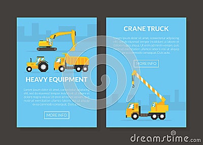 Construction Machinery and Heavy Equipment on Building Site Engaged in Earthwork Operation Vector Template Vector Illustration