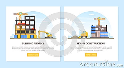 Construction Machinery and Heavy Equipment on Building Site Engaged in Earthwork Operation Vector Template Vector Illustration