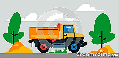 Construction machinery works at the site. Construction machinery, truck on the background of a landscape of trees, sand Vector Illustration