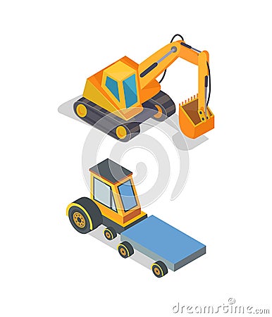 Construction Machines Excavator and Transport Vector Illustration