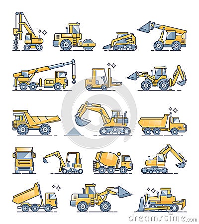 Construction machines and heavy machinery examples outline collection set Vector Illustration