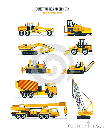 Construction machines, trucks, vehicles for transportation, asphalt, concrete mixing, crane. Vector Illustration