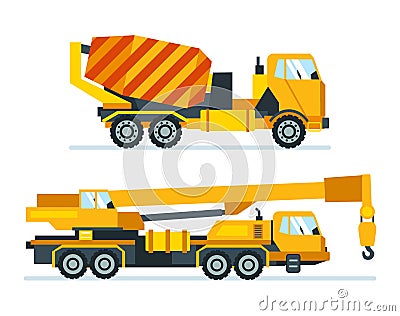 Construction machines, trucks, vehicles for transportation, asphalt, concrete mixing, crane. Vector Illustration