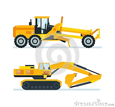Construction machines, trucks, vehicles for transportation, asphalt, concrete mixing, crane. Vector Illustration