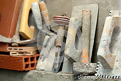 Construction mason cement mortar tools Stock Photo