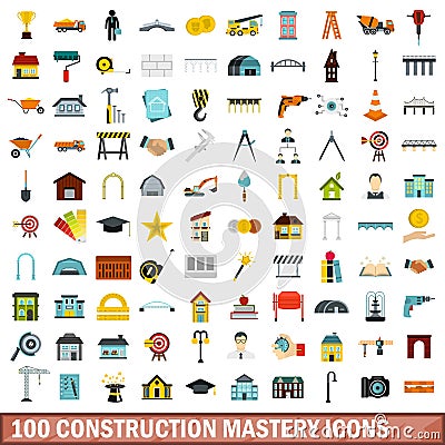 100 construction mastery icons set, flat style Vector Illustration