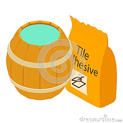 Construction material icon isometric vector. Tile adhesive packaging wood barrel Stock Photo