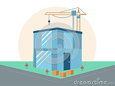 Construction of a modular house. crane and a modern building. Vector illustration Vector Illustration