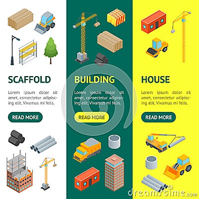 Construction of Multistory Building Concept Banner Vecrtical Set 3d Isometric View. Vector Vector Illustration