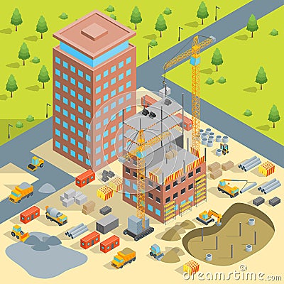 Construction of Multistory Building Concept 3d Isometric View. Vector Vector Illustration