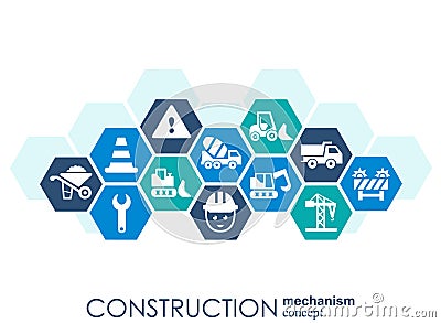 Construction network. Hexagon abstract background with lines, polygons, and integrated flat icons. Connected symbols for build, in Stock Photo