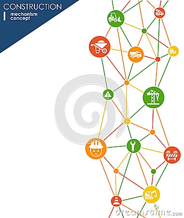 Construction network. Hexagon abstract background with lines, polygons, and integrated flat icons. Connected symbols for build, in Stock Photo