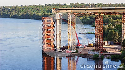 Construction of new bridges across the Dnieper River in Zaporozhye. Ukraine. City landscape Editorial Stock Photo