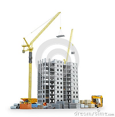 Construction of a new concrete building, building area with building materials Cartoon Illustration