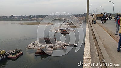 Construction of Over bridge in Ganga river. Stock Photo