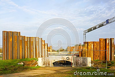 Construction of a pedestrian tunnel under the highway Stock Photo