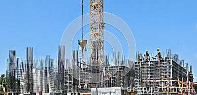 Construction pit with preparation of reinforcement and formwork for the construction of foundations Editorial Stock Photo