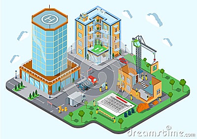 Construction place city concept modern trendy flat 3d isometric Stock Photo