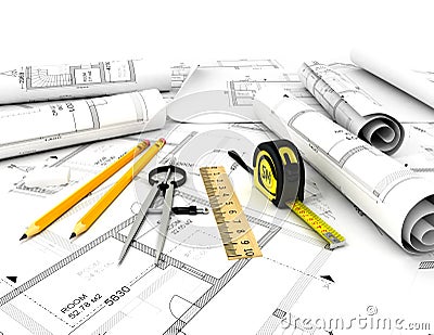 Construction plan with scale and pencil Stock Photo