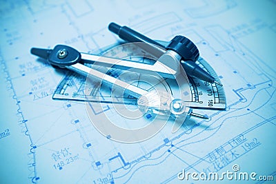 Construction planning and drawing tools Stock Photo