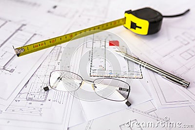 Construction plans on blueprints Stock Photo