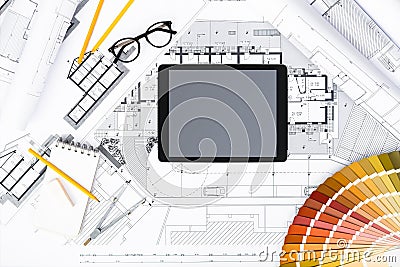 Construction plans with Drawing Tools, Colors Palette and Tablet Stock Photo