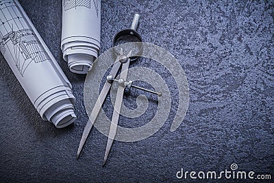 Construction plans pair of compasses on black Stock Photo