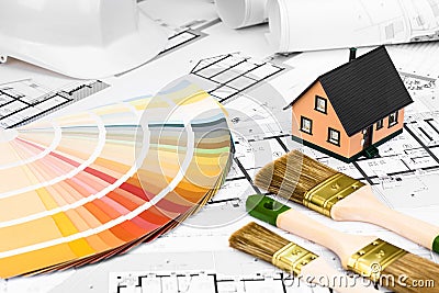 Construction plans with whitewashing Tools Colors Palette and Mi Stock Photo