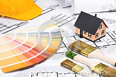 Construction plans with whitewashing Tools Colors Palette and Mi Stock Photo