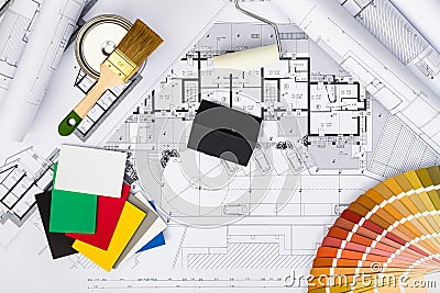 Construction plans with whitewashing Tools,Colors Palette and Mi Stock Photo