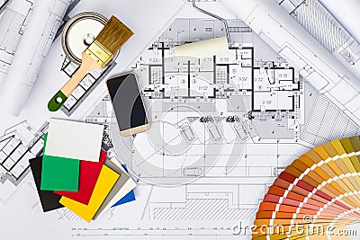 Construction plans with whitewashing Tools,Colors Palette and Sm Stock Photo