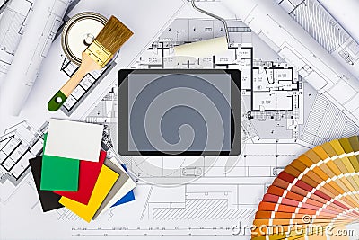 Construction plans with whitewashing Tools,Colors Palette and Ta Stock Photo