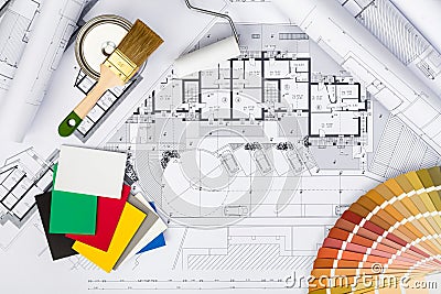 Construction plans with whitewashing Tools and Colors Palette on Stock Photo