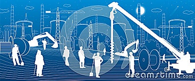 Construction plant. People working. Industry machinery, cranes and bulldozers. Infrastructure urban buildings illustration. Vector Vector Illustration