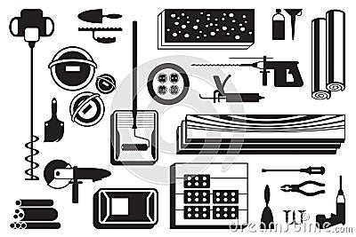 Construction power tools and materials on floor Vector Illustration
